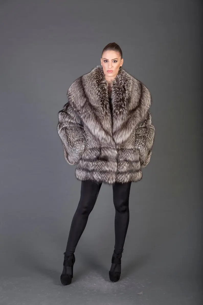 Silver Fox Fur Big Collar  Jacket