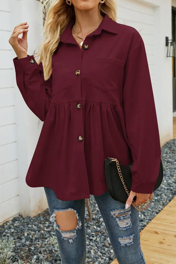 Casual Pocket Design Pleated Corduroy Top