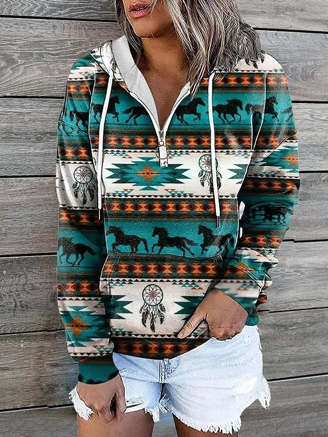 Women's Hoodie Sweatshirt Pullover Vintage Sports Basic Zipper Drawstring Front Pocket Light Yellow Creamy-white smoke grey Geometric Tribal Aztecs Street Casual Hoodie Long Sleeve Top Micro-elastic