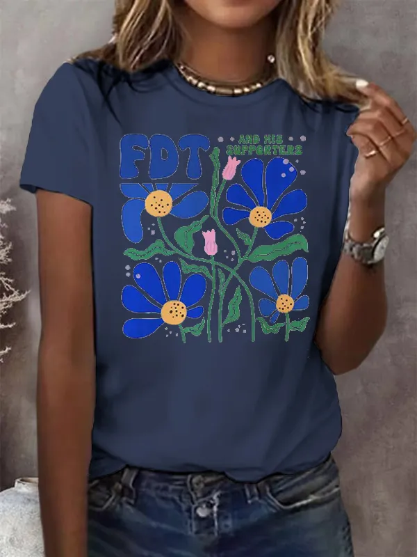 Women'S T-Shirt Women'S Printed T-Shirt Art Print Round Neck Pure Cotton Short Sleeve