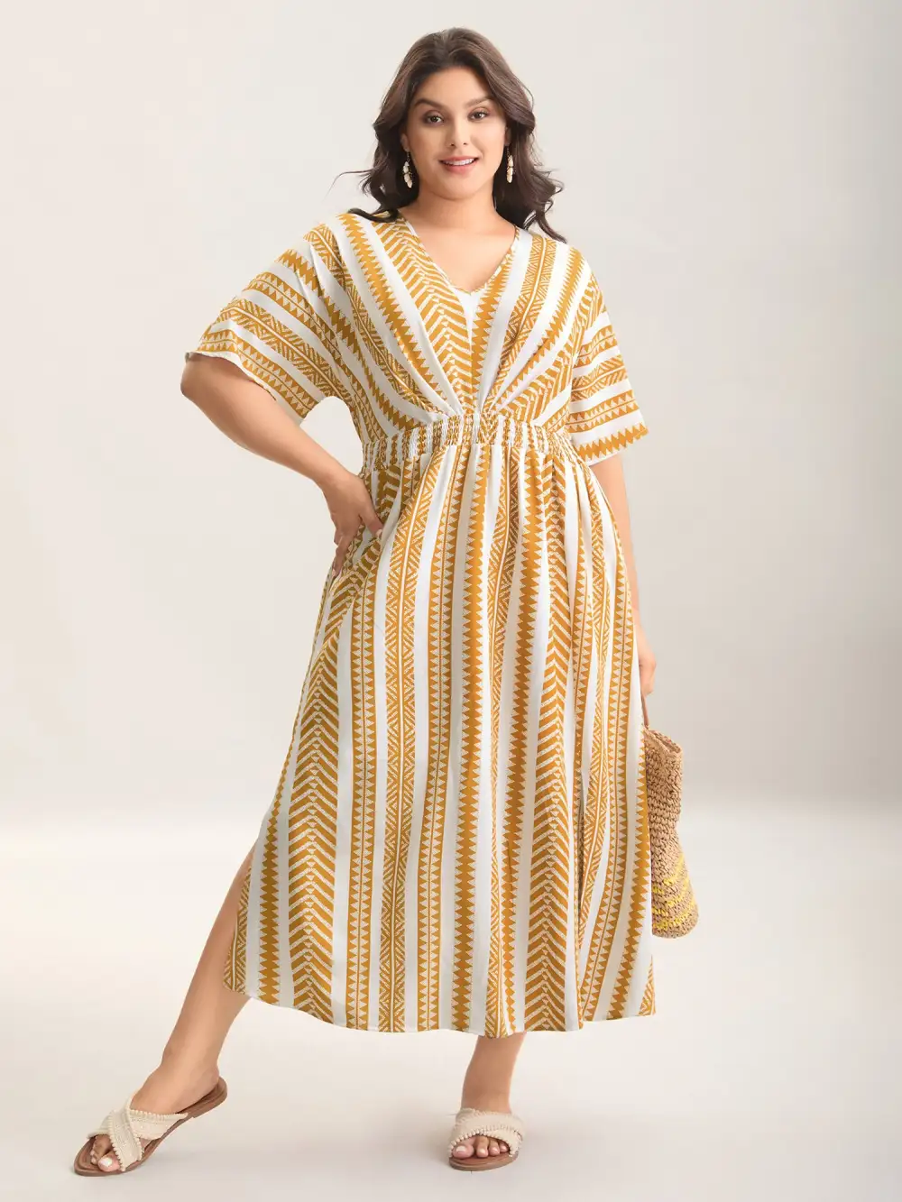 Solid Geometric Dolman Sleeve Pocket Shirred Split Hem Dress