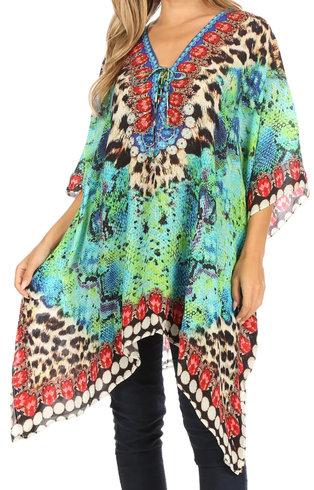 Women's Caftan Poncho Cover up V neck Top Lace up With Rhinestone