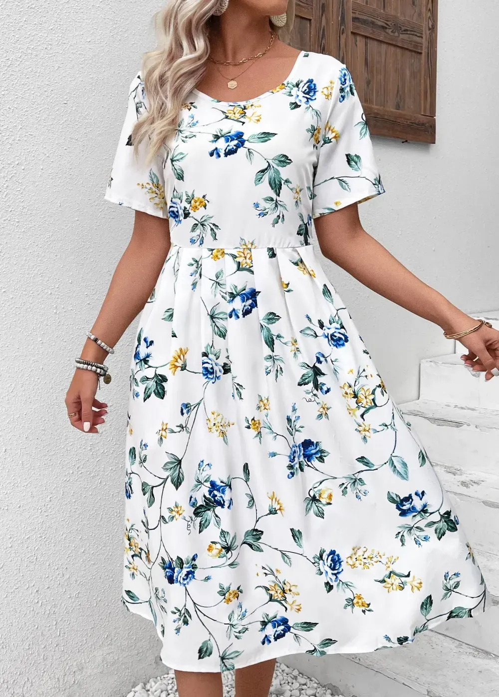 White Floral Print Short Sleeve Round Neck Dress