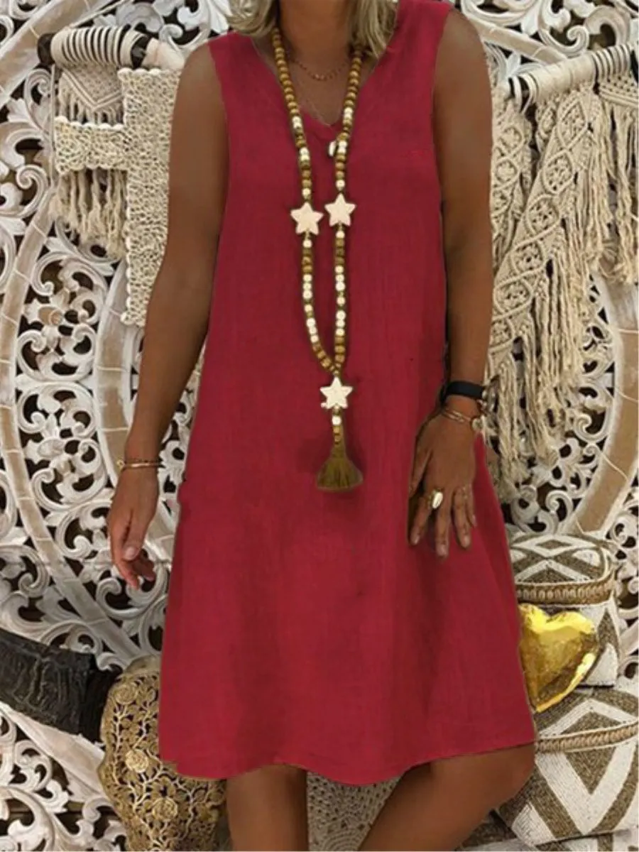 Plus Size Linen V Neck Sleeve Solid Midi Dresses (Without Necklace)