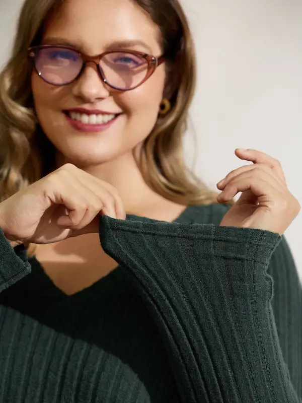 Ribbed Fleece V-Neck Knit Midi Dress