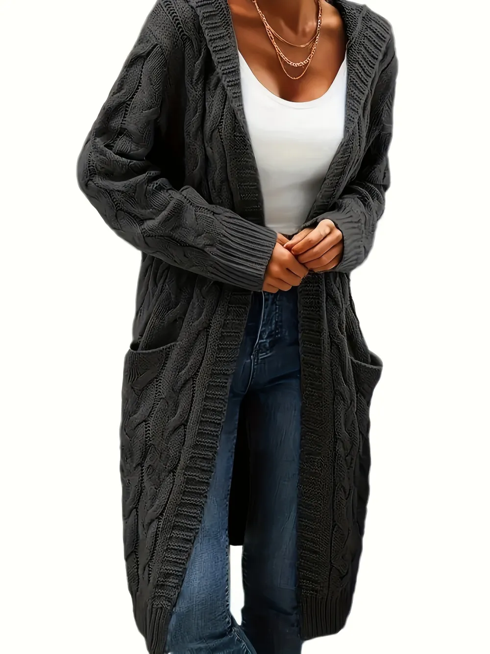 Cozy Long Sleeve Mid-Length Solid Color Cable Knit Hooded Cardigan - Soft Micro Elasticity Polyester, Casual Pocket Sweater for Women