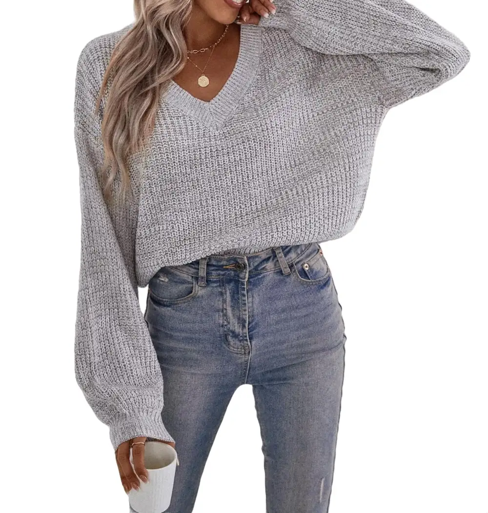 Casual Plain V neck Pullovers Long Sleeve Brown Women Sweaters (Women's)