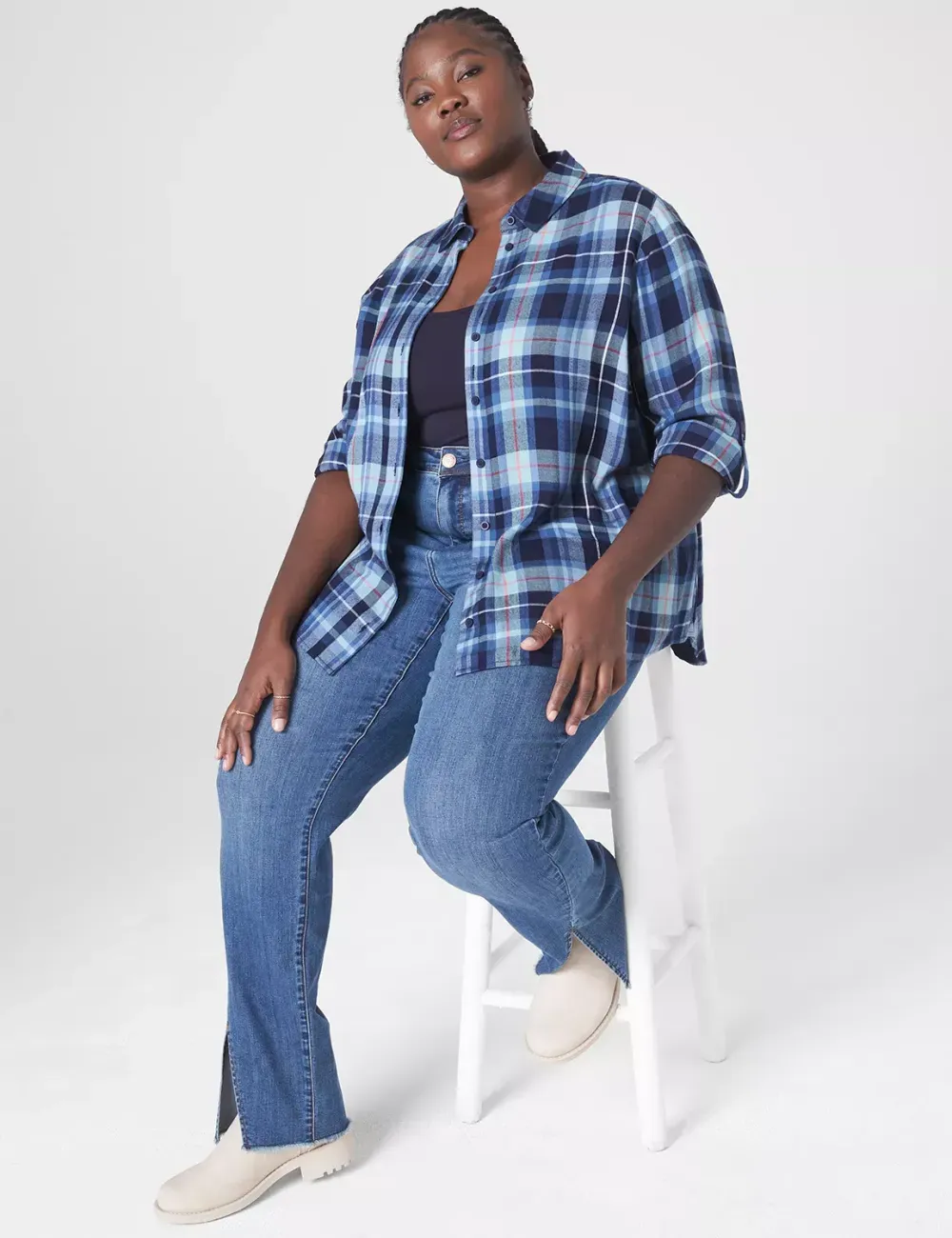 Relaxed Button-Front Plaid Boyfriend Shirt