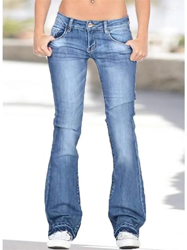 Women‘s Flare Low Rise Jeans Pants Bootcut Full Length Denim Pocket Stretchy High Waist Casual Daily  Navy Blue Light Blue S M