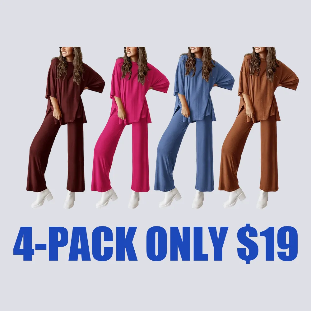 Women's 2-Piece Lounge Set – Short Sleeve Top & Split Hem Wide Leg Pants