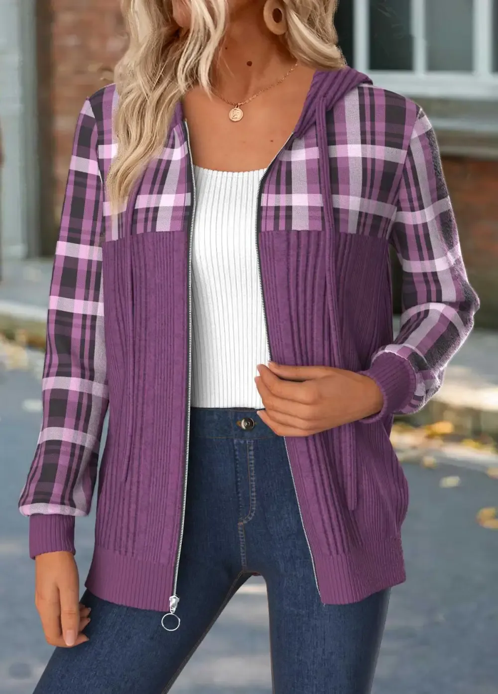 Purple Tummy Coverage Plaid Long Sleeve Hooded Coat