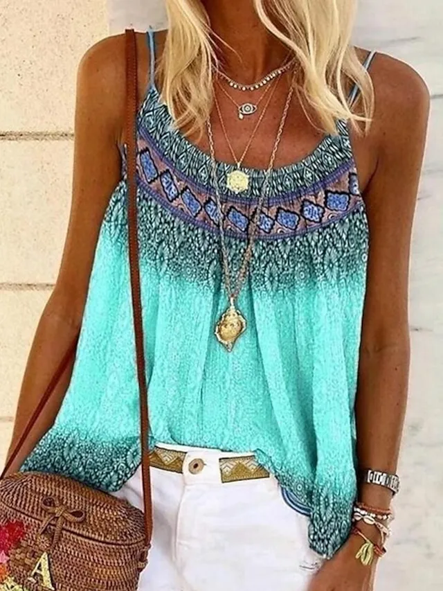 Women's Plus Size Boho Shirt Tank Top Camisole Summer Tops Geometric Sexy Holiday Beach Yellow Pink Sleeveless Boho Strap