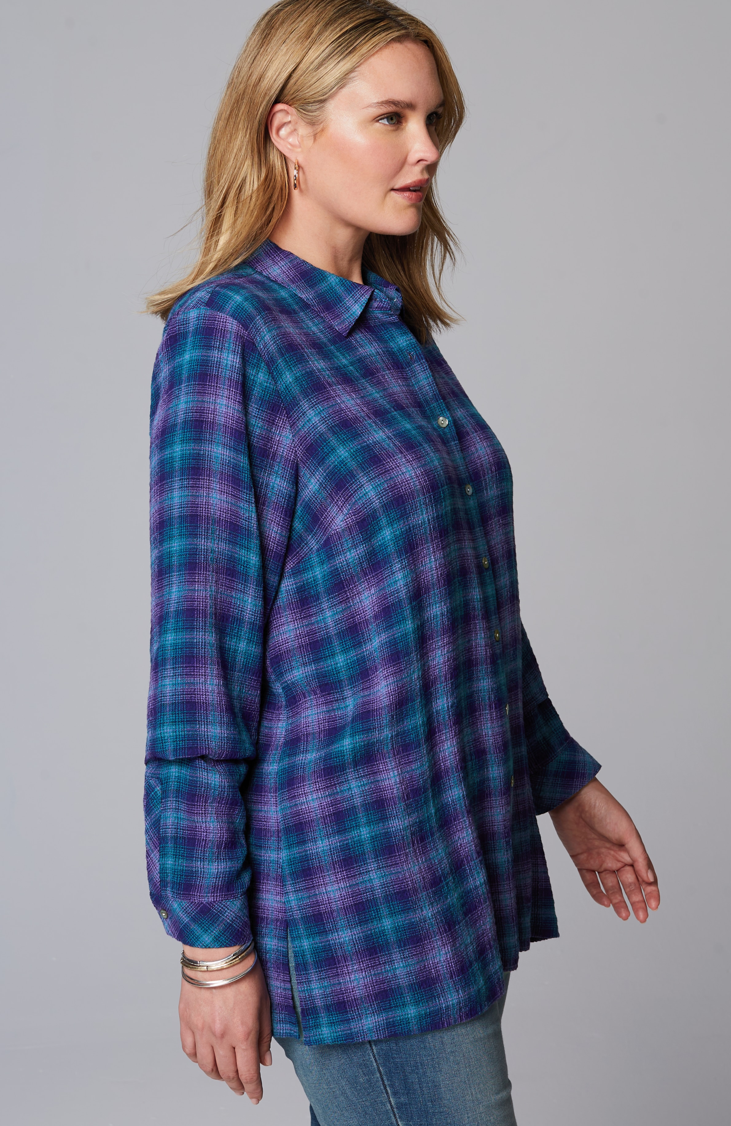 Crinkled Plaid Button-Front Tunic