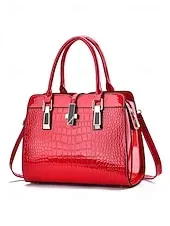 Women's Burgundy Patent Faux Leather Handbag - Croc Embossed Structured Tote Bag with Top Handle and Shoulder Strap, Perfect for Mother's Day Gift, Office, Business and Formal Occasions