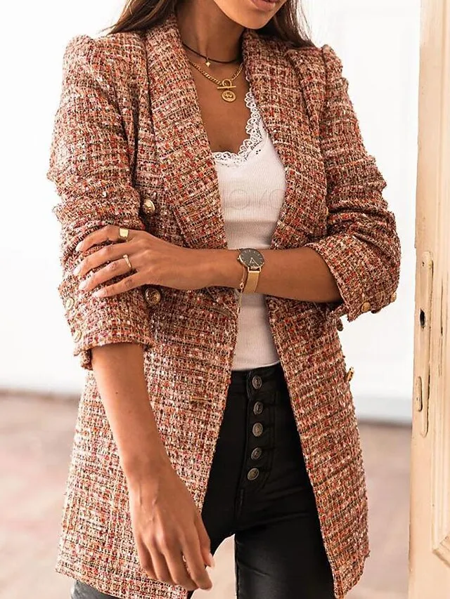 Women's Blazer Office Button Plaid Warm Fashion Regular Fit Outerwear Long Sleeve Winter Black S