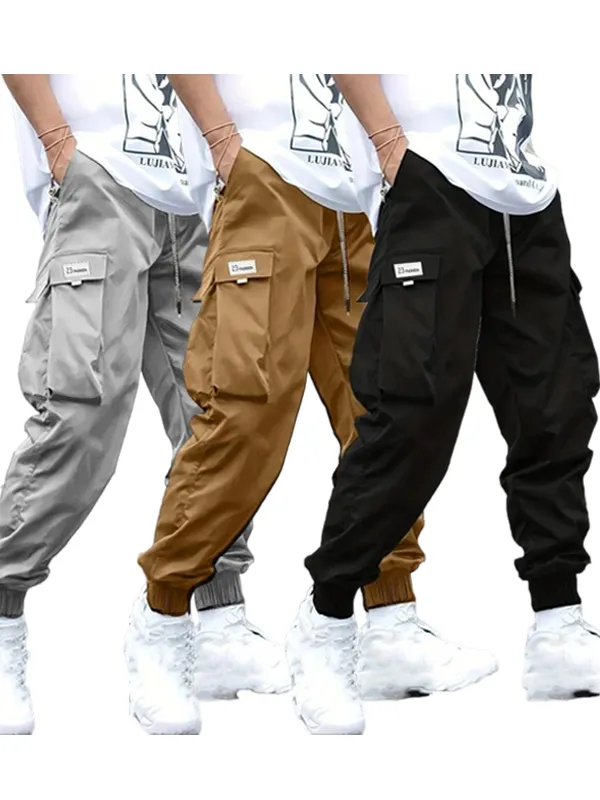 Men's Plus Size Cargo Pants – Solid Color, Drawstring, Flap Pockets