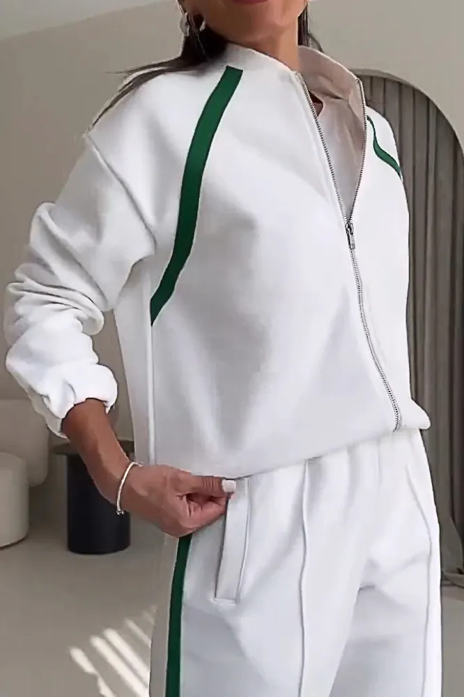 Women's contrast color zipper cardigan jacket & pants two-piece set