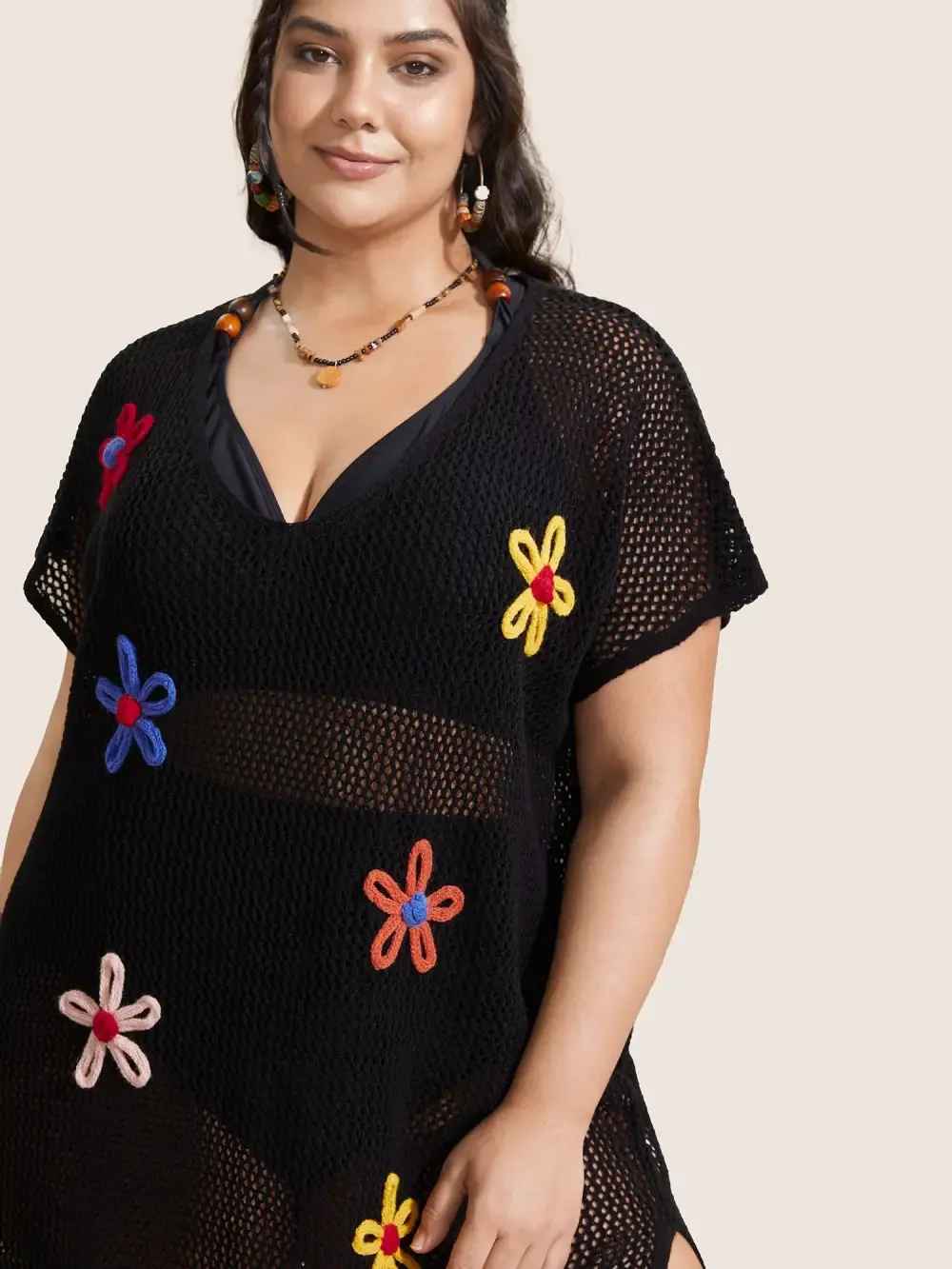 Stereo Flower Design Slit Hem Swim Cover Up