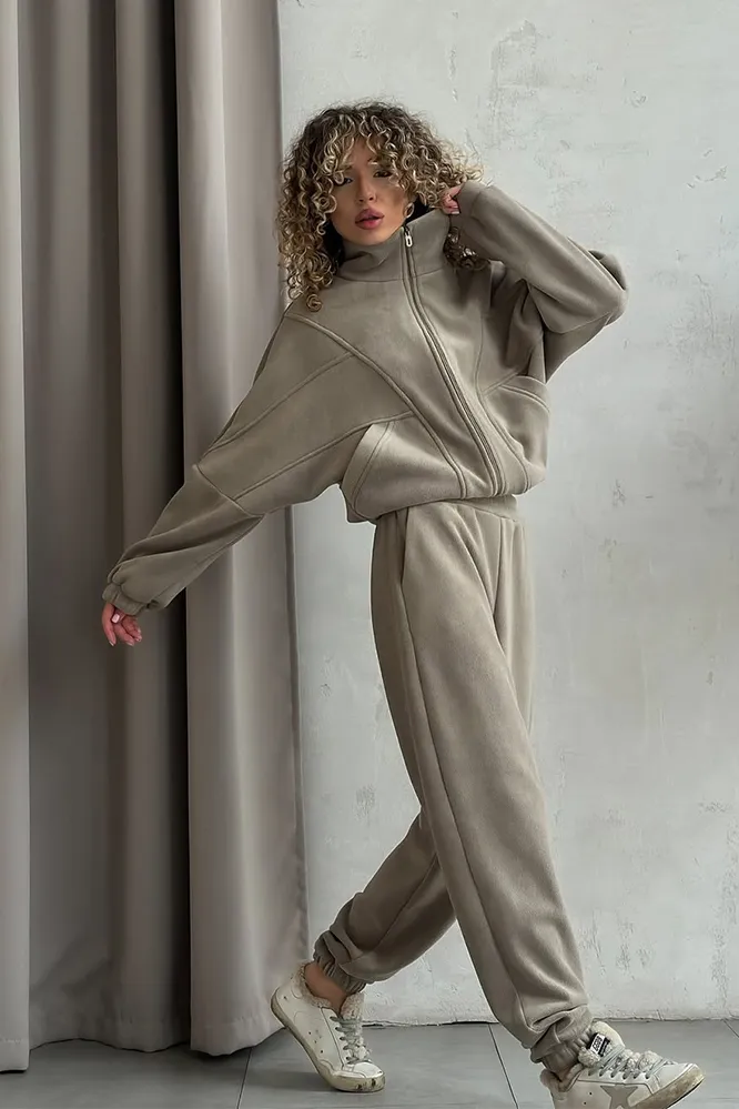 Women's Solid Color Zipper Jacket & Pants Two Piece Set