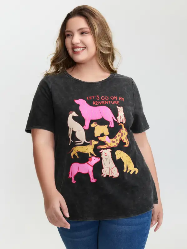 Dogs Print Snow-Wash T-Shirt