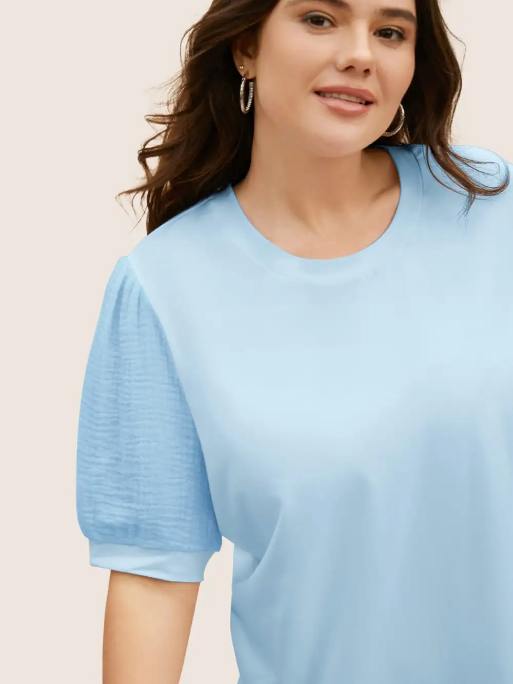 Plain Textured Patchwork Lantern Sleeve T-Shirt
