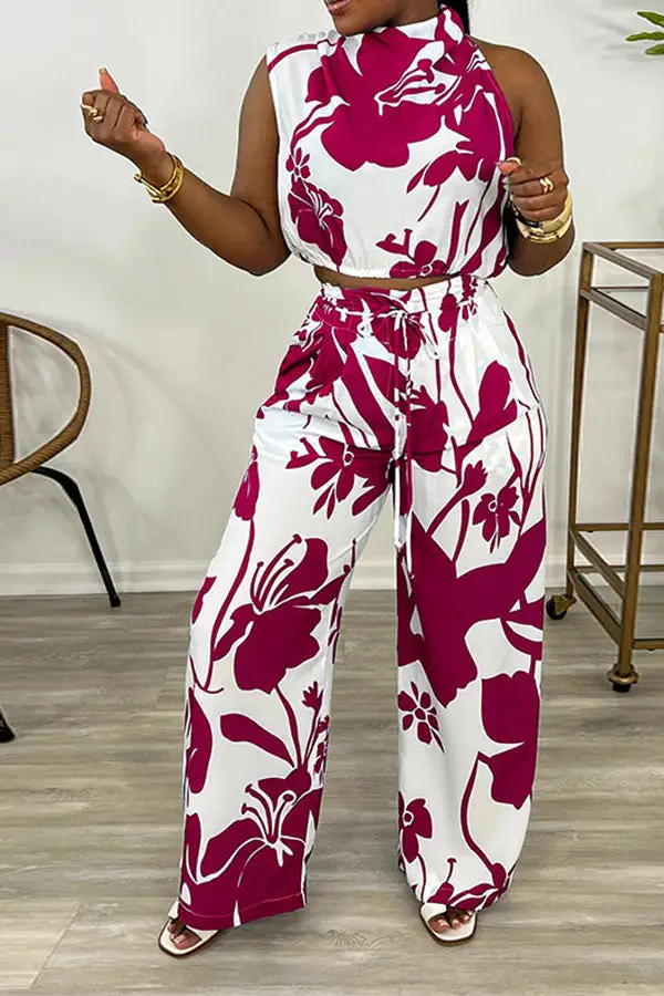 Floral Print Lace-Up Irregular Neck Pant Set