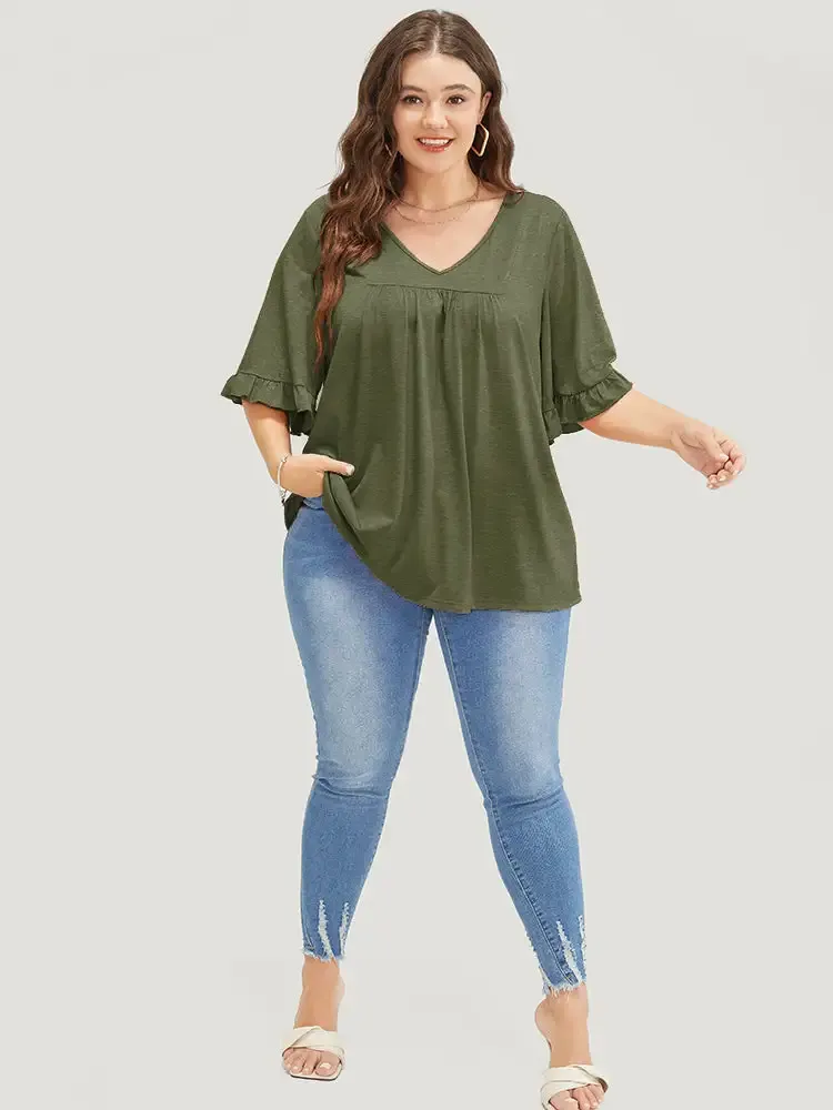Solid Gathered Ruffle Trim Flounce Sleeve T-shirt
