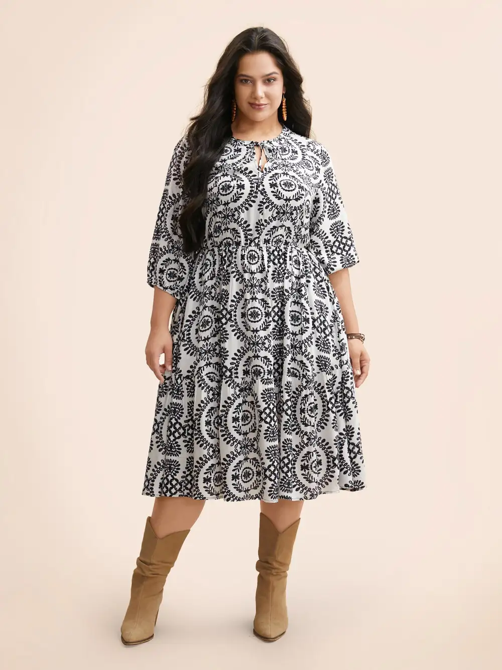 Damask Print Tie Knot Puff Sleeve Dress