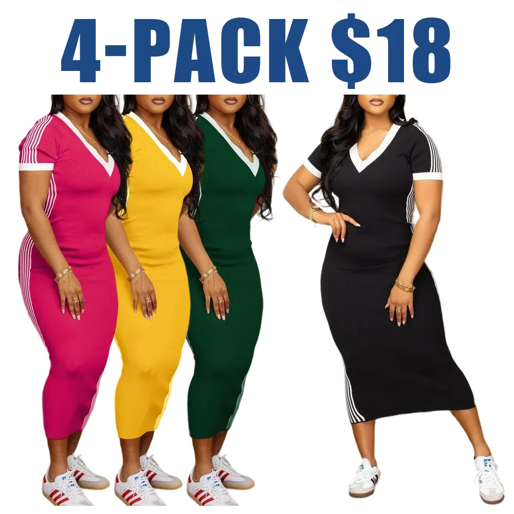 Women's Striped Trim V-Neck Short Sleeve Casual Summer Dress