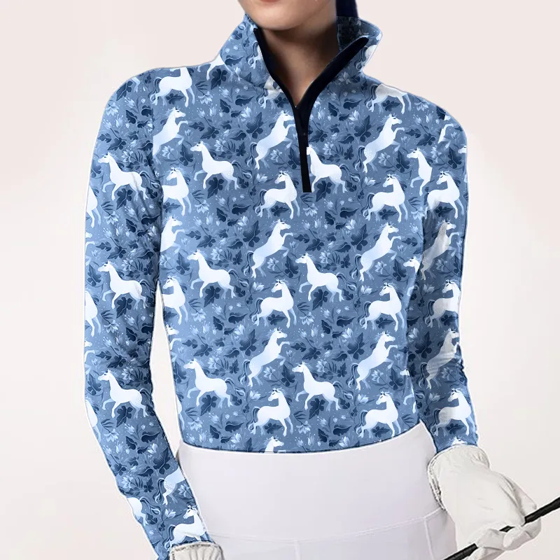 Women's Riding Style Floral Horse Print Long Sleeve Casual Shirt