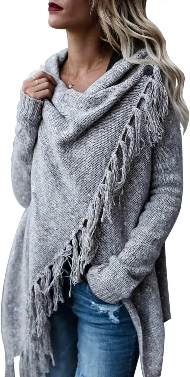 Women's Tassel Hem Sweater Long Cardigan Knitwer Pullover Poncho Coat