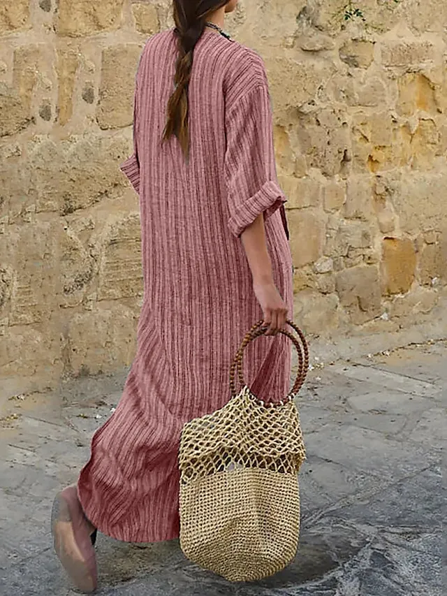 Women's Cotton Linen Maxi Tartan Dress Casual Split Neck Rolled Cuff Long Sleeve Spring Summer