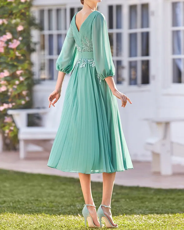 ELEGANT MIDI DRESS LACE CHIFFON PLEATED