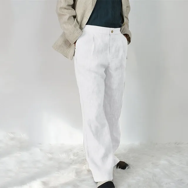 Men's Linen Pants Trousers Summer Pants Pleated Pants Straight Leg Plain Comfort Outdoor Casual Daily Linen / Cotton Blend Streetwear Stylish Black White
