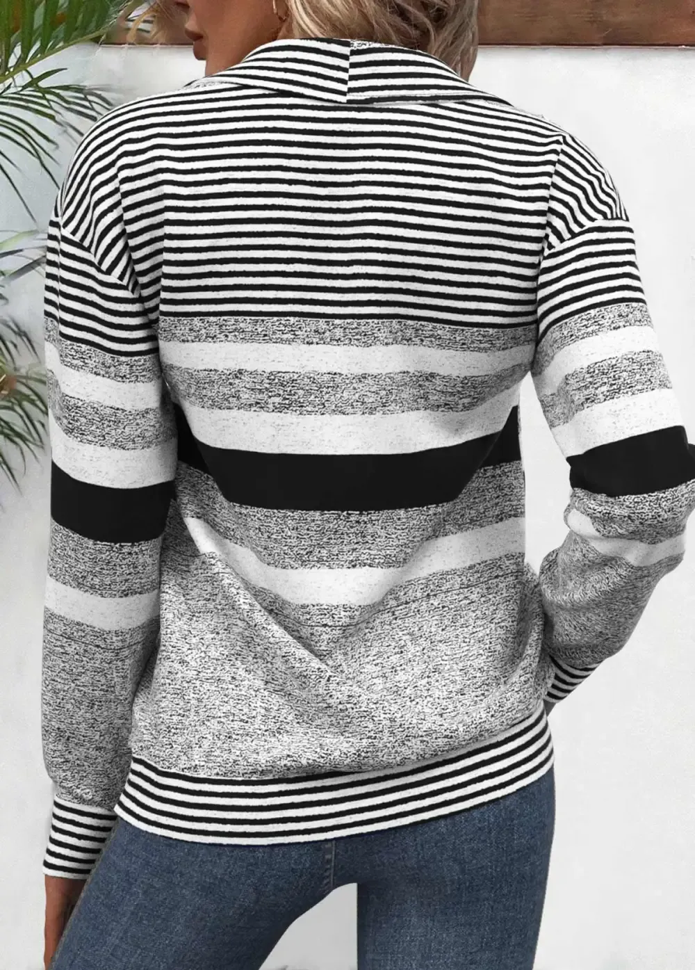 Black Zipper Striped Long Sleeve Turn Down Collar Sweatshirt