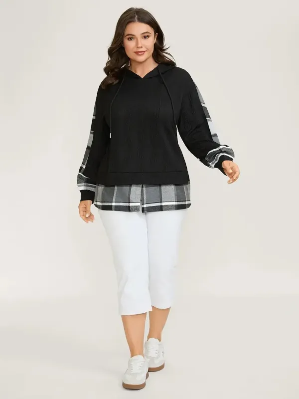 Plaid Contrast Print Relaxed-Fit Hoodie