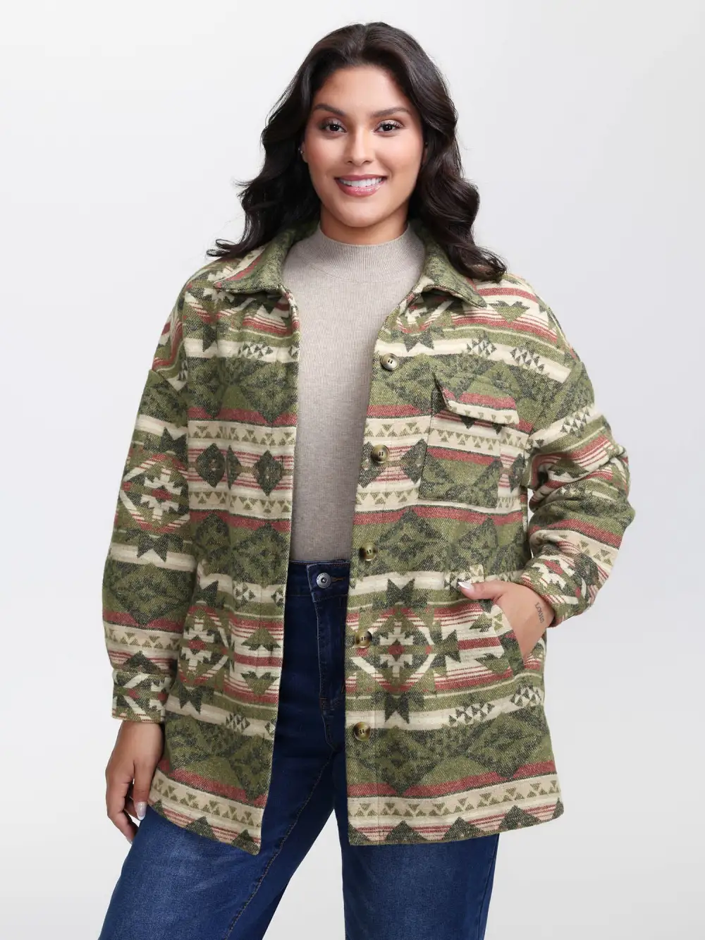 Cozy Print Wool Blend Pockets Jacket