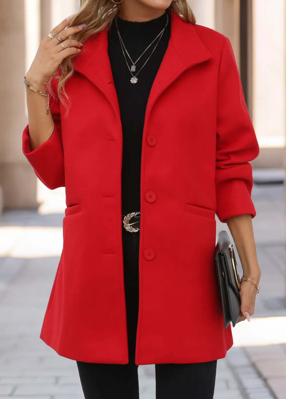Red Pocket Long Sleeve Turn Down Collar Jacket