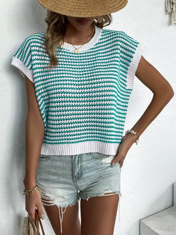 Women's Striped Print Round Neck Knit Top, Vacation Clothes
