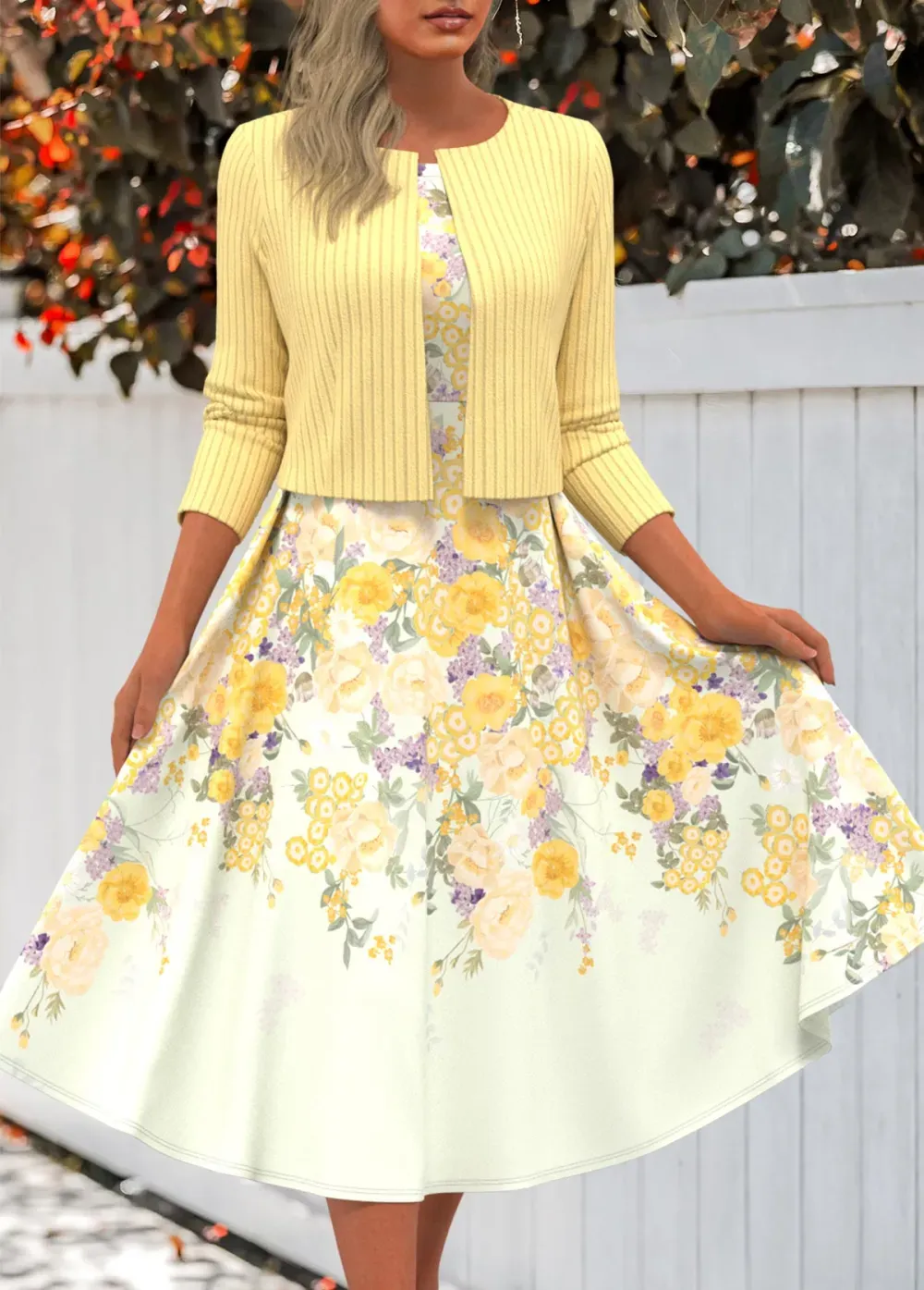 Light Yellow Two Piece Floral Print Dress and Cardigan