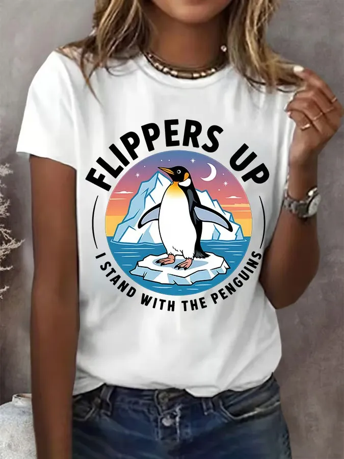Women'S T-Shirt Women's Penguins Flippers Up Print Round Neck T-Shirt