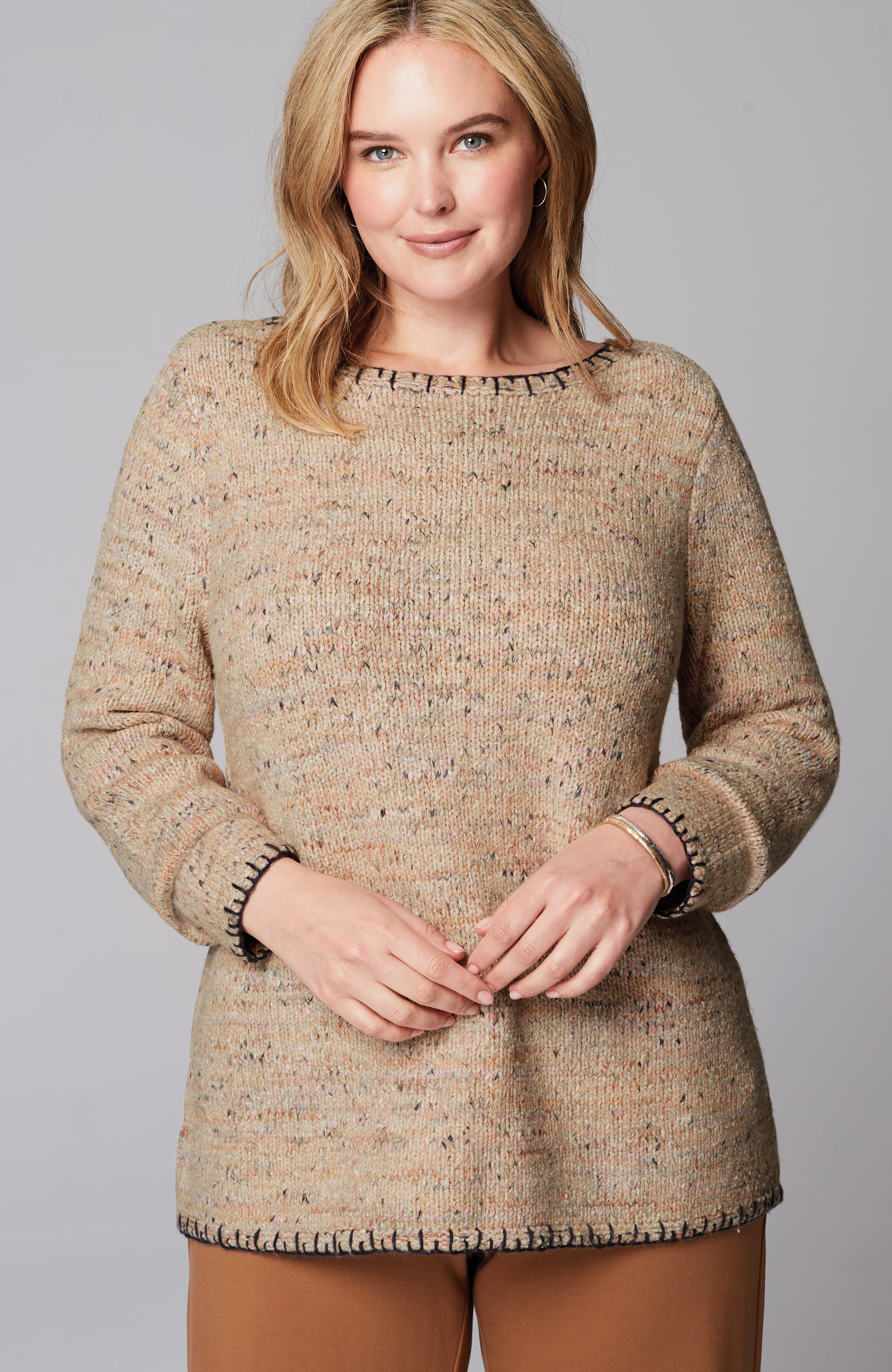 Pure Jill Whipstitch-Trimmed Pullover Sweater