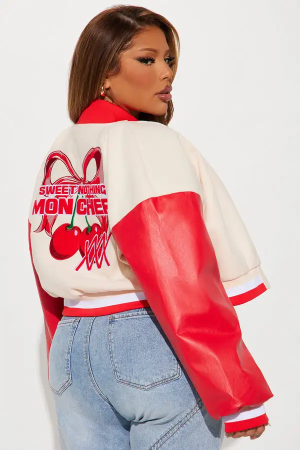 Mon Cheri Cropped Varsity Jacket - Taupe/combo