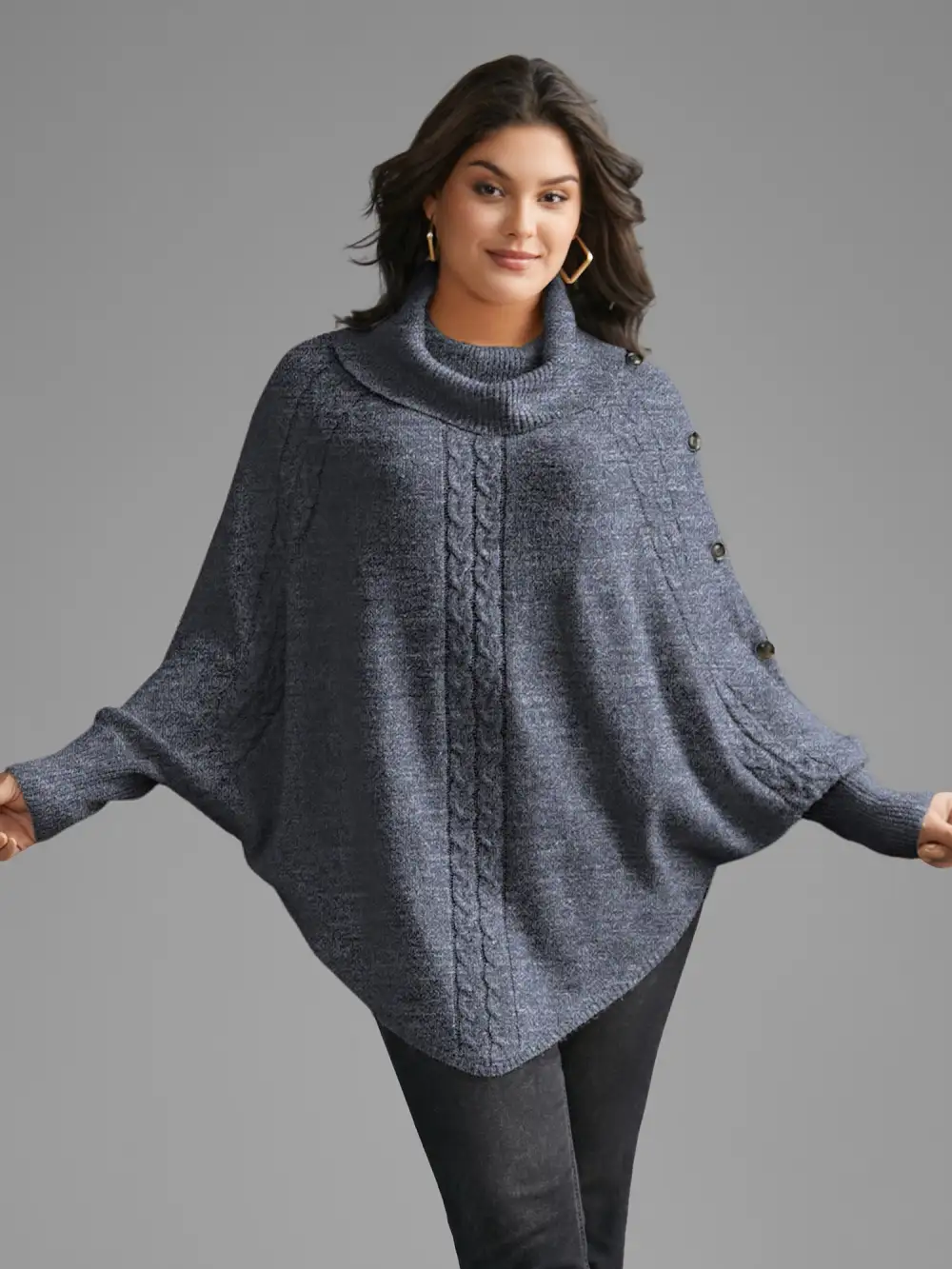 Turtleneck Cable Knit Asymmetrical Hem Pullover