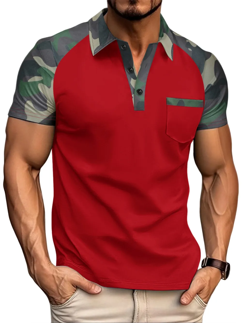 Men's Retro Outdoor Camouflage Colorblock Short-sleeved Polo Shirt