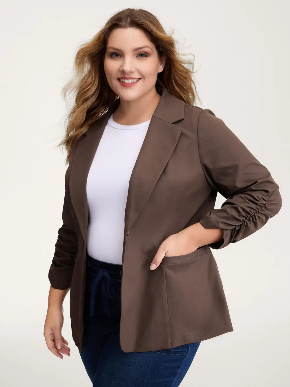 Notched Lapels Gathered Sleeve Blazer