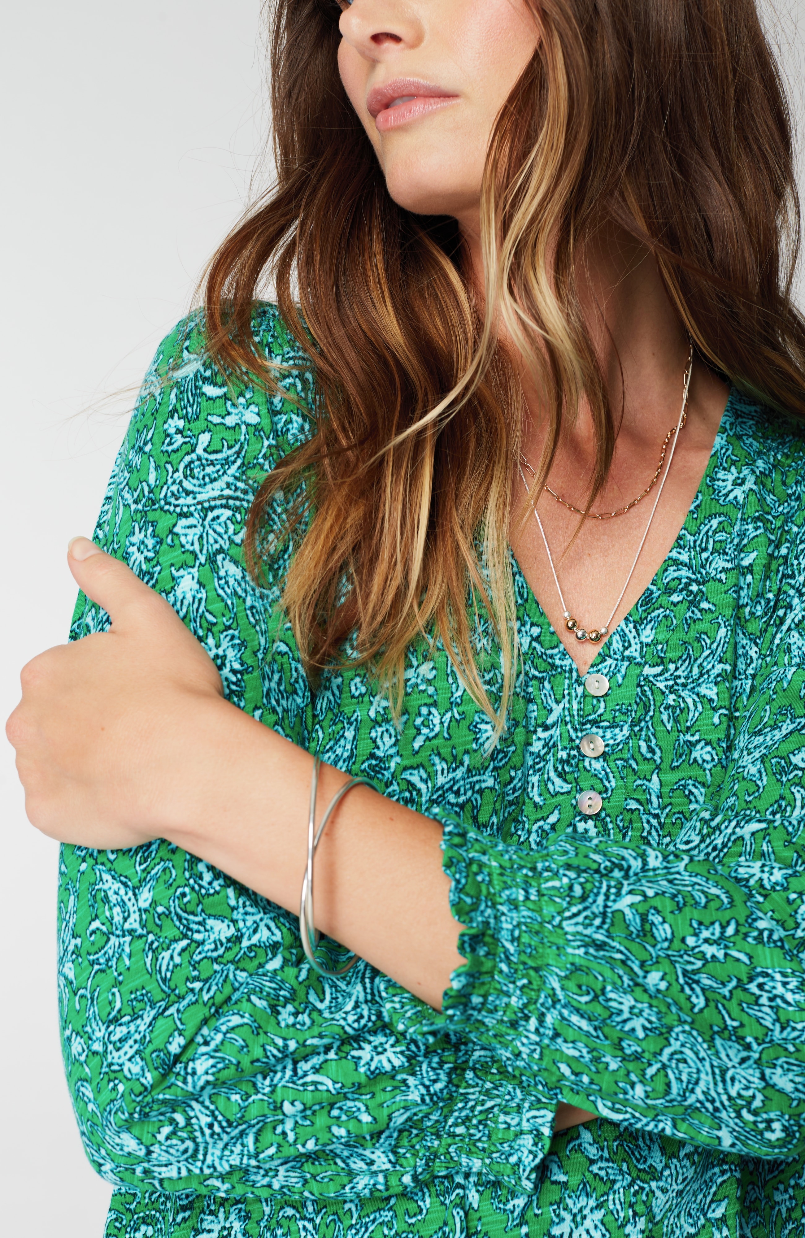 Smocked-Sleeve Henley Top