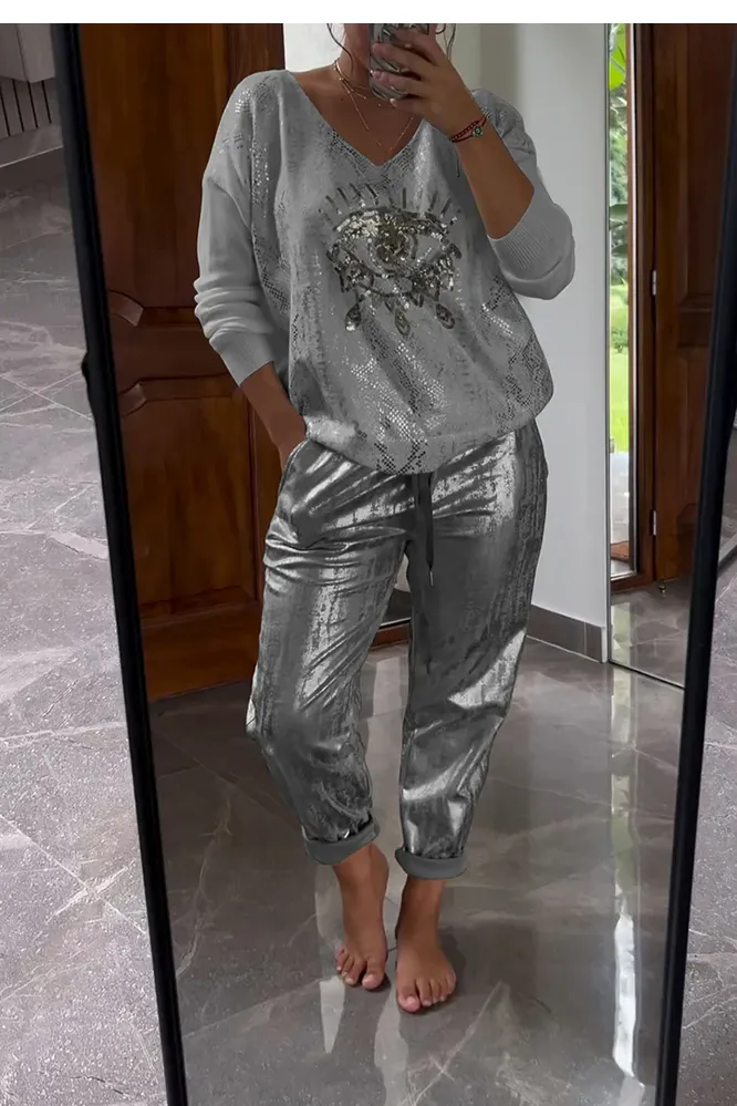 Women's fashionable sequin embroidered eye top & bronzing trousers two-piece set