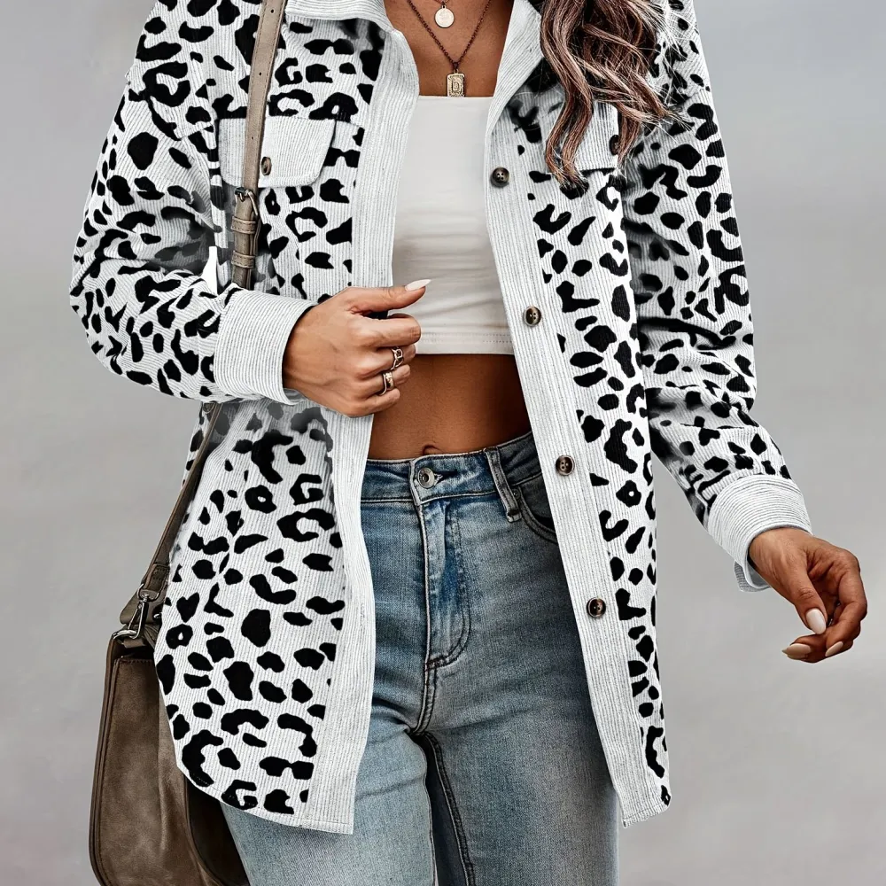 Wild Leopard Print Shacket Jacket - Soft, Casual, Button-Front, Turn-Down Collar, Long Sleeve, Outerwear for Women - Perfect for Daily Wear, Outdoor Activities, and Layering