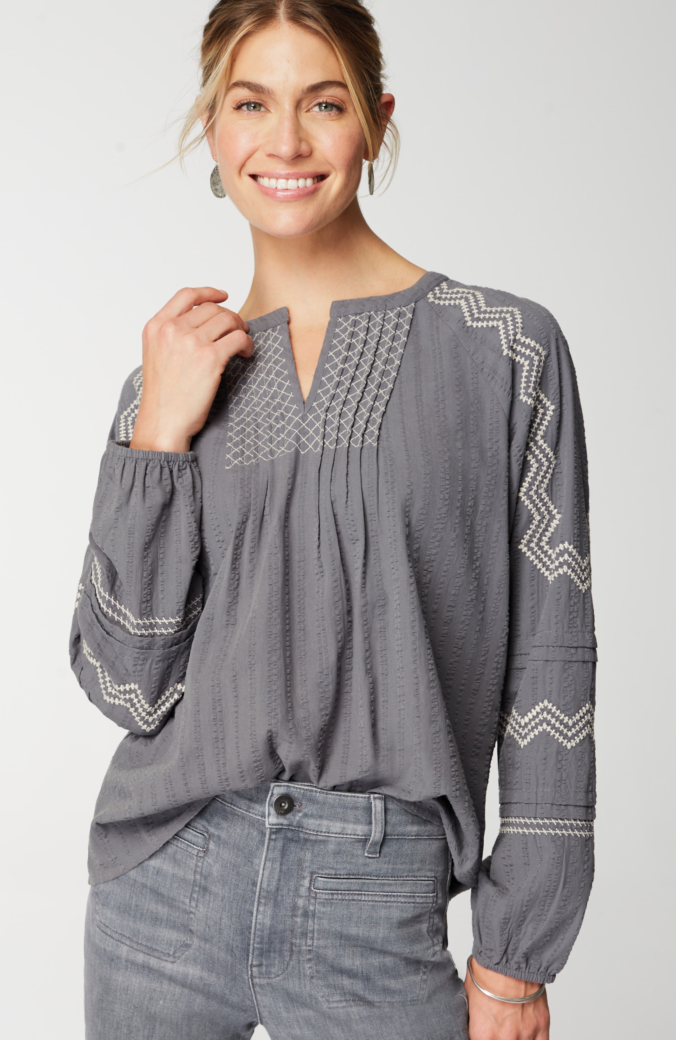 Pure Jill Pintucked Embroidered Blouse